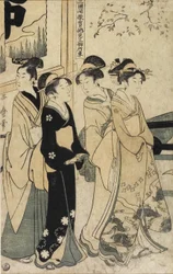 Um jovem e três mulheres e um carro de bois na frente do Santuário de Mimeguri, c. 1781-1806